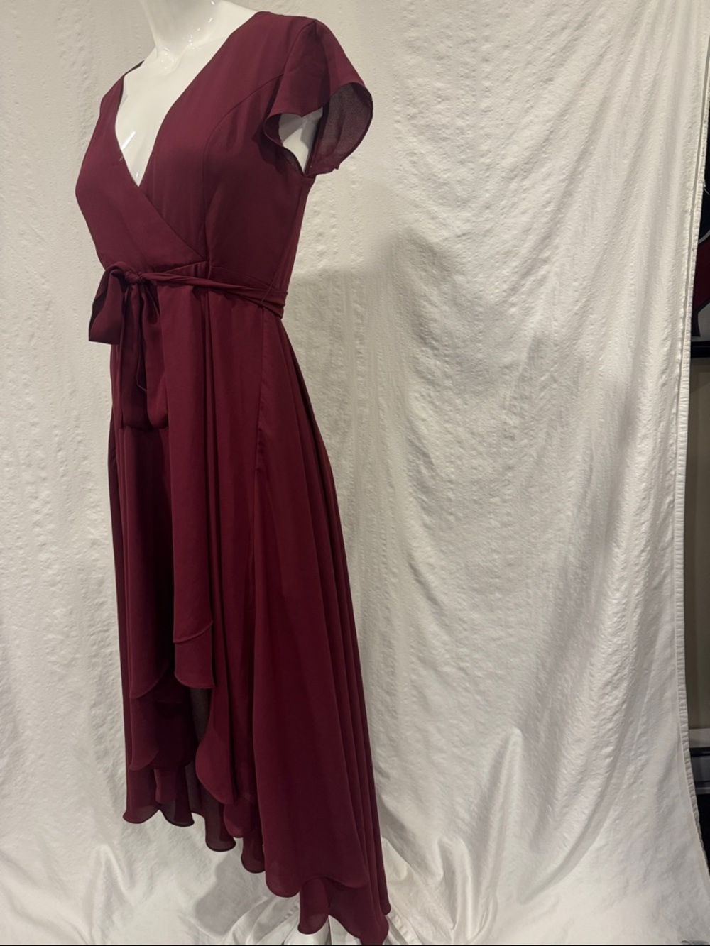 Windsor Burgundy High Low Ruffle Dress,Tie Waste, Formal Midi Maxi-Small